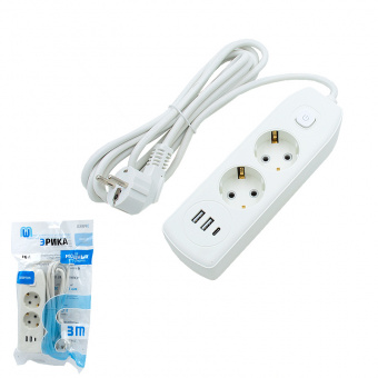 Удлинитель на 2-евророзетки /2-USB/ 3метра 16А ERIKA-2