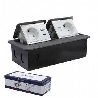 Лючок модульный скрытый выдвижной 2-розетки с з/к+1-USB+1-TYPE-C+1INT RJ-45 цвет черный